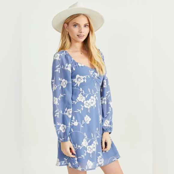 Altar’d State Freya Long Sleeve Embroidered Blue, White Floral Dress, Sz Medium - Picture 3 of 13